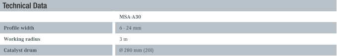 Technical Data MSA-A30 Profile width 6 - 24 mm Working radius 3 m Catalyst drum Ø 280 mm (20l)