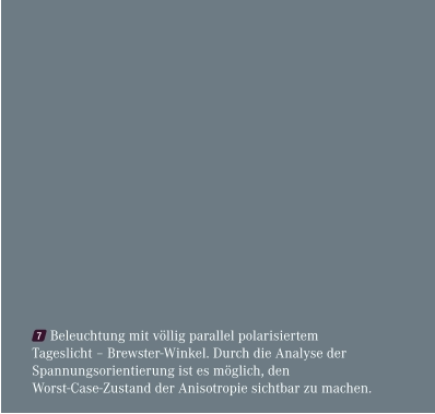 7 Beleuchtung mit völlig parallel polarisiertem Tageslicht – Brewster-Winkel. Durch die Analyse der Spannungsorientierung ist es möglich, den Worst-Case-Zustand der Anisotropie sichtbar zu machen.